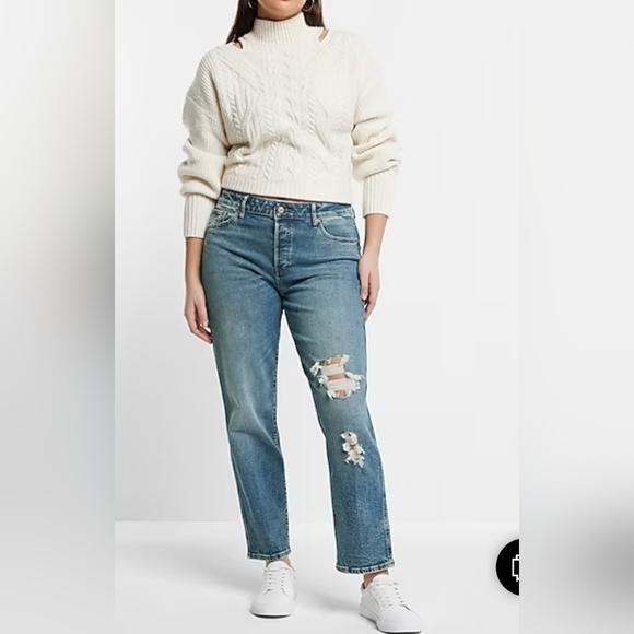 Express Denim - Express Mid Rise Medium Wash Ripped Boyfriend Jeans Size 12R